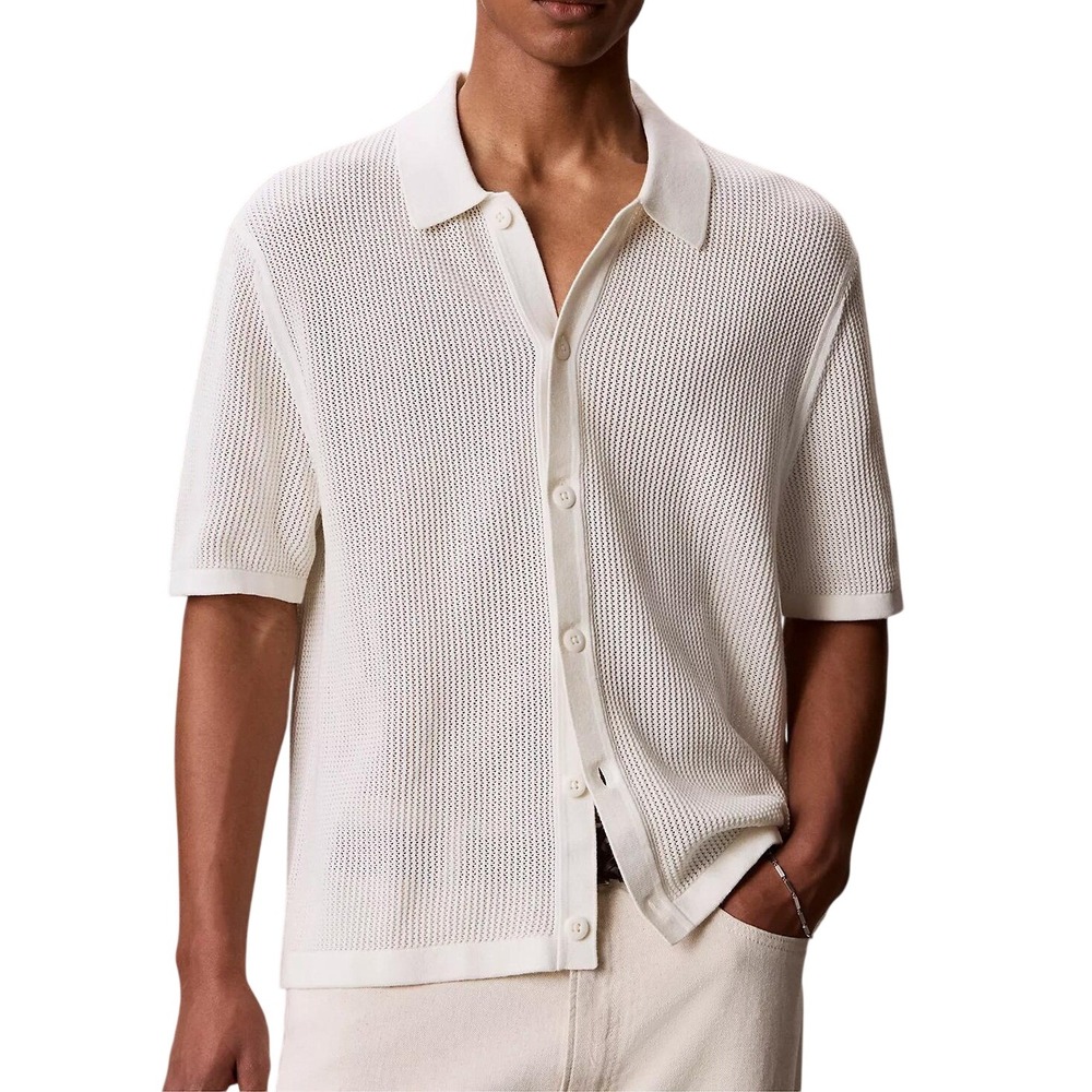 NWT Calvin Klein Men's Small Knit Button Up Shirt Antique White Cotton